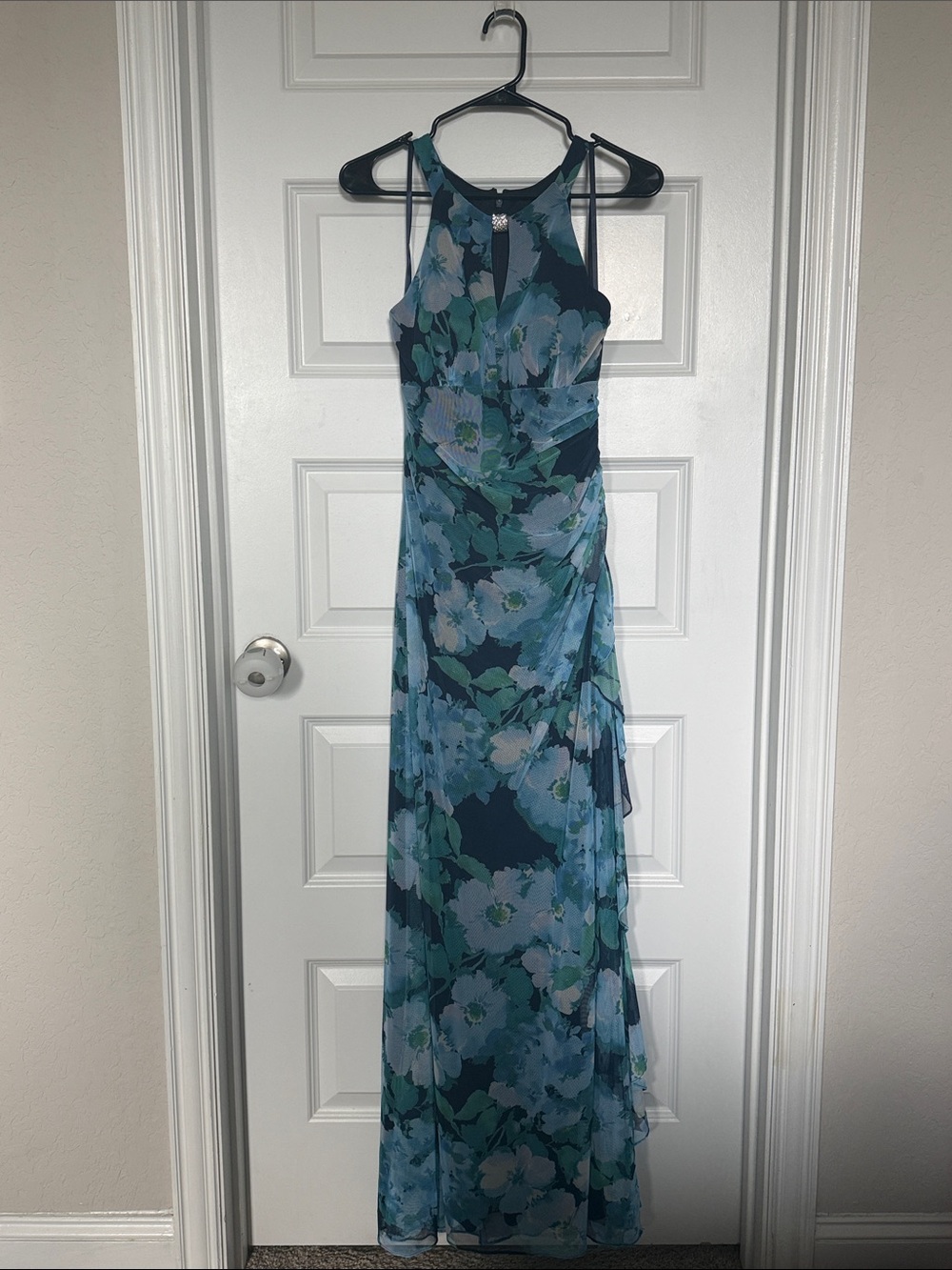 NWT Betsy & Adam Navy & Light Blue Floral Halter Maxi Dress - Picture 4 of 10